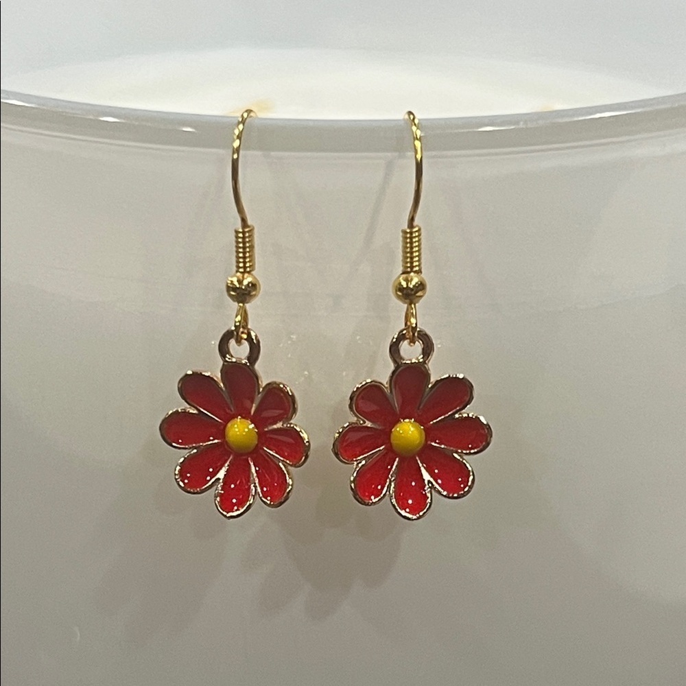 Gold and Red Flower Earrings